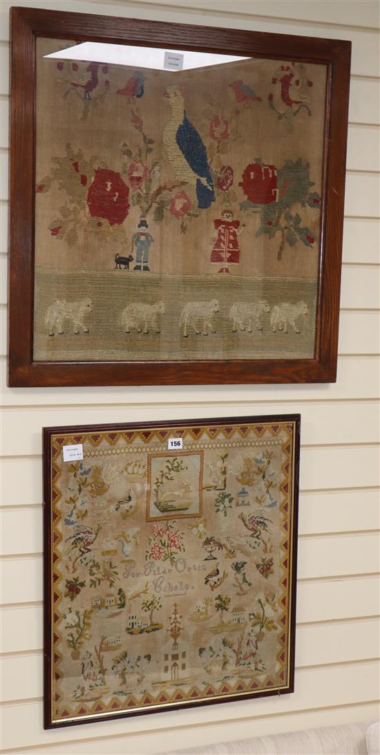 A Victorian sampler, 53 x 58cm and a needlework picture